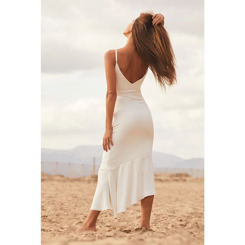 Lulus Strictly Romance White Satin Asymmetrical Tiered Midi Dress Size M NWT - Picture 2 of 8